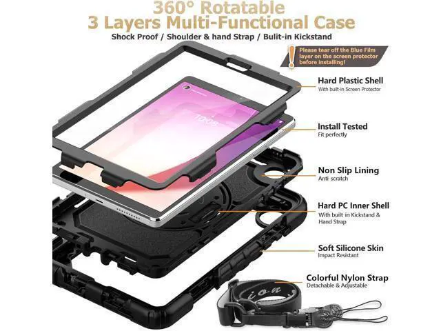 Alt view image 6 of 7 - for Tab M8 (4th Gen) 8 inch Case 2023 (TB-300FU/TB-300XU) with Screen Protector, 360° Rotate Stand&Strap, Pen Holder Drop-Proof Protection Case for Tab M8 4th (Black)
