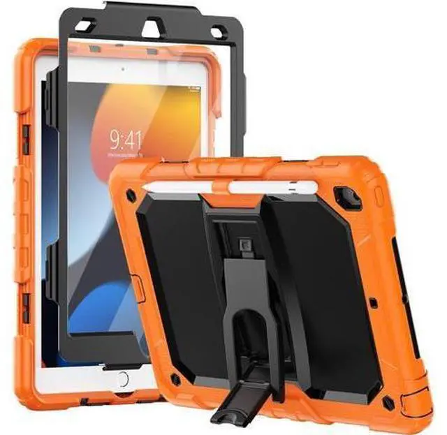 Main image of Silicone Case for iPad 9th/ 8th/ 7th Generation, with Screen Protector/Pencil Holder/Built- in Stand, Protective Case for iPad 10.2 inch 2021/2020/2019 (Orange)