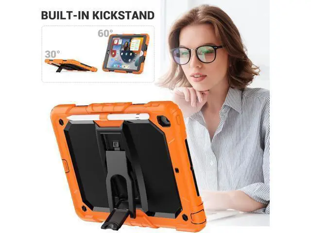 Alt view image 4 of 7 - Silicone Case for iPad 9th/ 8th/ 7th Generation, with Screen Protector/Pencil Holder/Built- in Stand, Protective Case for iPad 10.2 inch 2021/2020/2019 (Orange)