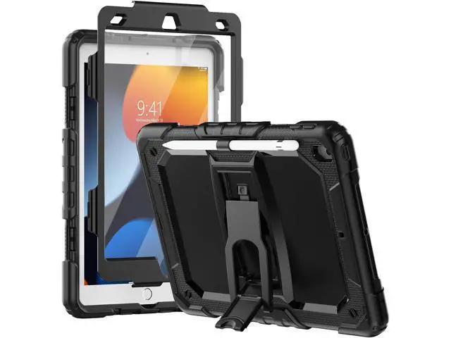 Main image of Silicone Case for iPad 9th/ 8th/ 7th Generation, with Screen Protector/Pencil Holder/Built- in Stand, Protective Case for iPad 10.2 inch 2021/2020/2019 (Black)