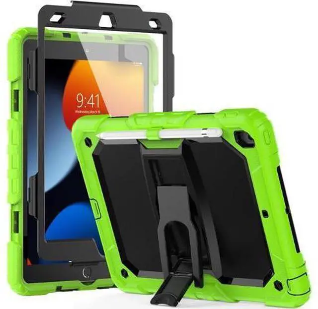 Main image of Silicone Case for iPad 9th/ 8th/ 7th Generation, with Screen Protector/Pencil Holder/Built- in Stand, Protective Case for iPad 10.2 inch 2021/2020/2019 (Green)