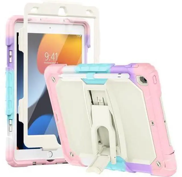 Main image of Silicone Case for iPad 9th/ 8th/ 7th Generation, with Screen Protector/Pencil Holder/Built- in Stand, Protective Case for iPad 10.2 inch 2021/2020/2019 (Pink)