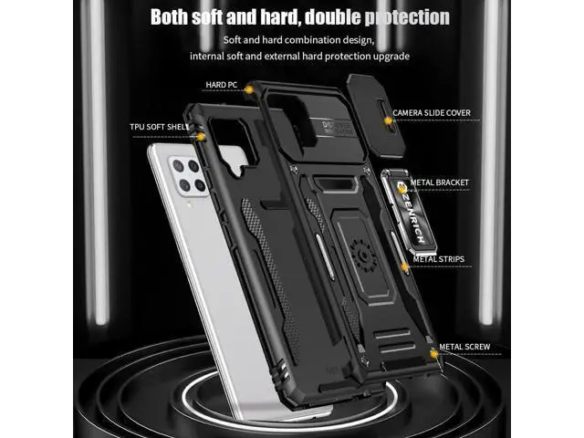 Alt view image 7 of 7 - Rugged Case for Samsung Galaxy A42 5G with Tempered Glass Screen Protector, Slide Camera Cover & Kickstand Samsung A42 Case with Military Grade Protective Magnetic Holder, Black