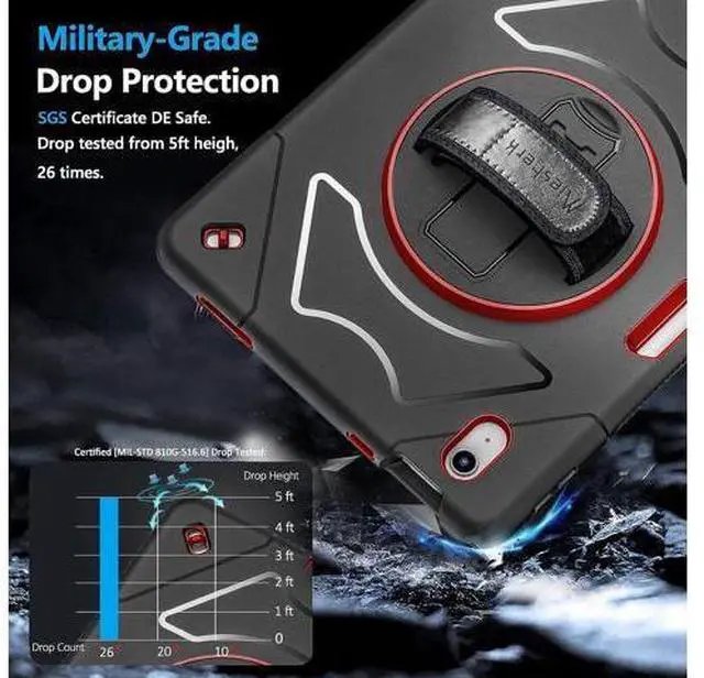 Alt view image 2 of 6 - Case for iPad 10th Generation 2022: iPad 10.9 Case Military Grade Heavy Duty Shockproof Cover for iPad 10.9 Inch 2022 Hand/Shoulder Strap - Rotating Stand - Red