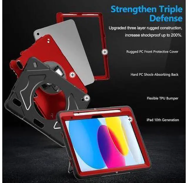 Alt view image 3 of 6 - Case for iPad 10th Generation 2022: iPad 10.9 Case Military Grade Heavy Duty Shockproof Cover for iPad 10.9 Inch 2022 Hand/Shoulder Strap - Rotating Stand - Red
