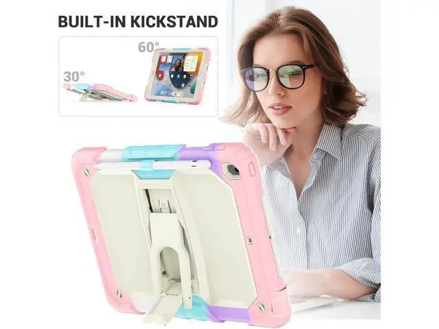 Alt view image 4 of 7 - Silicone Case for iPad 9th/ 8th/ 7th Generation, with Screen Protector/Pencil Holder/Built- in Stand, Protective Case for iPad 10.2 inch 2021/2020/2019 (Pink)
