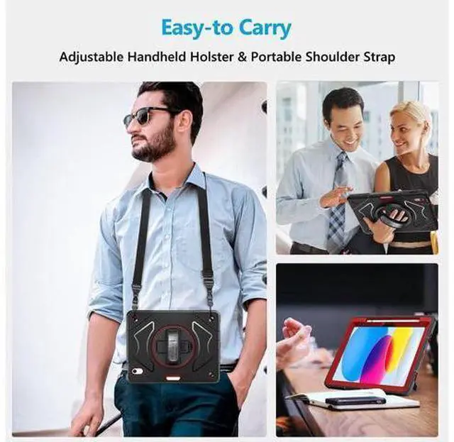 Alt view image 5 of 6 - Case for iPad 10th Generation 2022: iPad 10.9 Case Military Grade Heavy Duty Shockproof Cover for iPad 10.9 Inch 2022 Hand/Shoulder Strap - Rotating Stand - Red