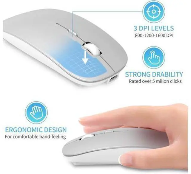 Alt view image 4 of 7 - Wireless Mouse,Slim Wireless Portable Mobile Mouse,2.4G Noiseless Mouse with USB Nano Receiver,Rechargeable Wireless Mouse for MacBook,Laptop,PC,Computer,Notebook (Silver)