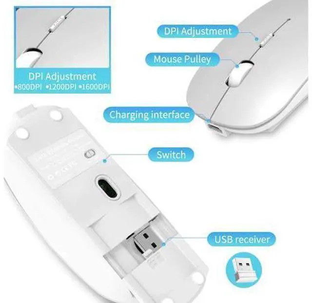 Alt view image 6 of 7 - Wireless Mouse,Slim Wireless Portable Mobile Mouse,2.4G Noiseless Mouse with USB Nano Receiver,Rechargeable Wireless Mouse for MacBook,Laptop,PC,Computer,Notebook (Silver)