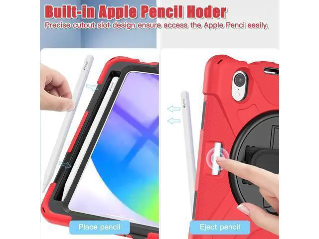 Alt view image 5 of 7 - New iPad Mini 6 Case 2021, Heavy Duty Shockproof Rugged Mini 6 Case A2567/A2568/A2569 with Pencil Holder Kickstand Hand Strap Carrying Shoulder Belt for iPad Mini 6 Tablet,Red