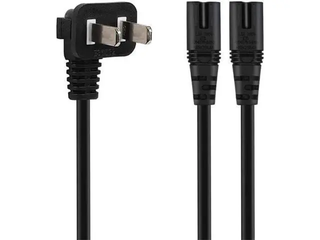 Alt view image 2 of 4 - 6FT Non-Polarized AC Power Cord 2 Prong 1-15p to Dual C8 Figure 8 Power Cable CCC Listed Universal Replacement Wall Cable (90 Degree Angle)