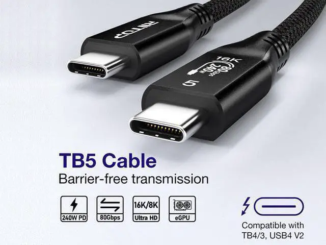 Alt view image 2 of 7 - 80Gbps Thunderbolt 5 (USB-C) Cable Braided, 240W Charging and 16K/8K Display for Thunderbolt 4/USB4/USB-C Monitor, MacBook, iPad Pro, iPhone 16, Samsung, Hub, eGPU, Dock and More, 3.3FT / 1M