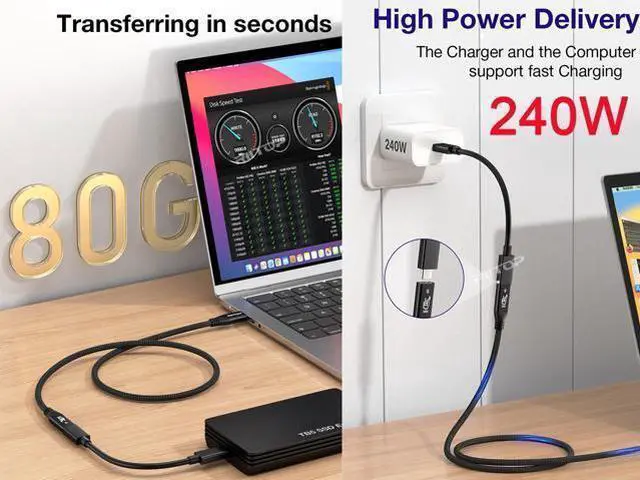 Alt view image 2 of 7 - Braided Thunderbolt 5 Extension Cable 80Gbps Data Transfer Speed, 240W Charging and 16K/ 8K Display, Compatible Thunderbolt 4/3 and USB4 USB-C 3.2/3.1 Devices, Black (1.64 ft)