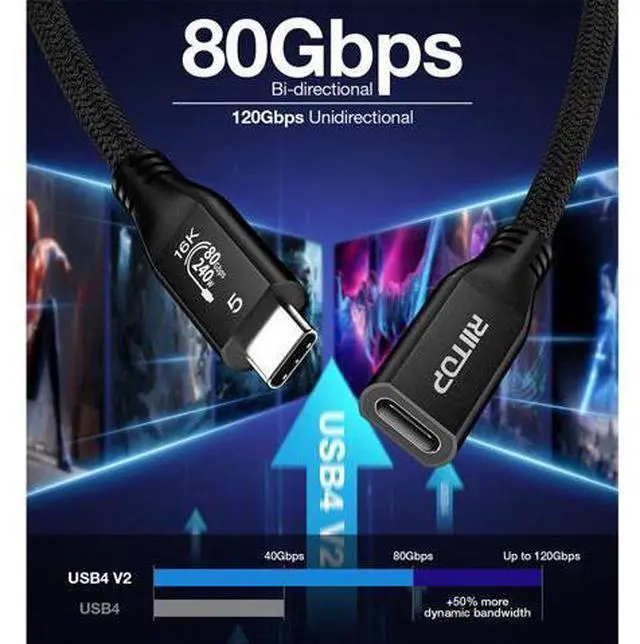 Alt view image 6 of 7 - Braided Thunderbolt 5 Extension Cable 80Gbps Data Transfer Speed, 240W Charging and 16K/ 8K Display, Compatible Thunderbolt 4/3 and USB4 USB-C 3.2/3.1 Devices, Black (1.64 ft)