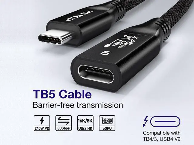 Alt view image 3 of 7 - Braided Thunderbolt 5 Extension Cable 80Gbps Data Transfer Speed, 240W Charging and 16K/ 8K Display, Compatible Thunderbolt 4/3 and USB4 USB-C 3.2/3.1 Devices, Black (1.64 ft)