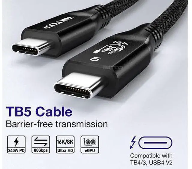 Alt view image 2 of 7 - 80Gbps Thunderbolt 5 Cable up to 120Gbps Bandwidth and 240W Charging in Black - 0.3m / 1ft, Compatible with Thunderbolt 4, USB4, Thunderbolt 3 and USB-C