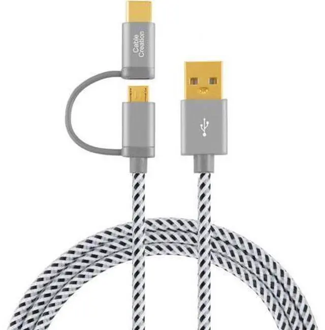 Main image of 2 in 1 USB C Cable, 4ft Micro USB + USB C to USB A Fast Charge Cord Braided, Compatible with Galaxy S20/S10/S9 Note 10 9 8, Pixel 4XL,1.2 M/ Space Gray Aluminum