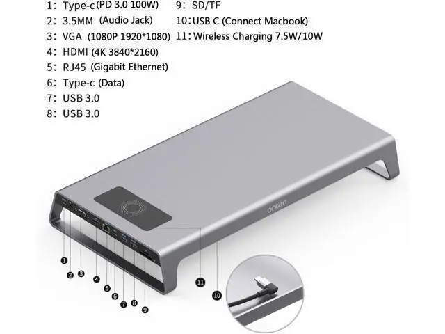 Alt view image 6 of 7 - Onten USB-C Docking Station.Laptop,Monitor Stand with Wireless Charging.VGA,4K HDMI Display,USB 3.0,USB-C. for MacBook Pro m1/m2/Dell/Surface/All-in-one Desktop and More USB-C Devices