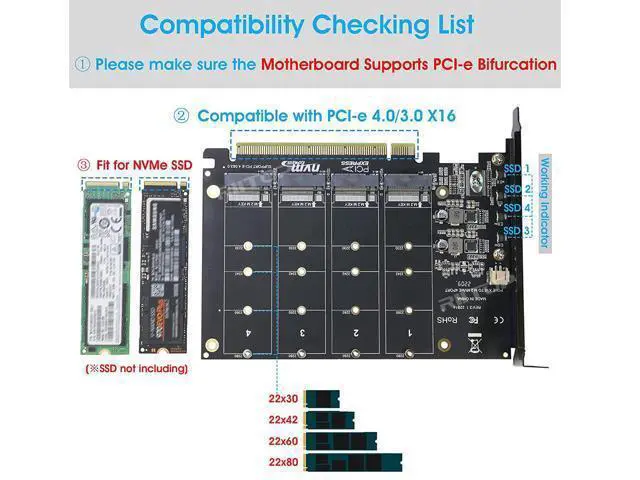 Alt view image 6 of 7 - Quad M.2 NVME SSD to PCI-E 4.0 X16 Adapter Card, High Speed 4x32Gbps Soft Raid Card with Individual LED Indicator Support 2230 2242 2260 2280 M Key M.2 NVME SSD ((PCI-e Bifurcation Required))
