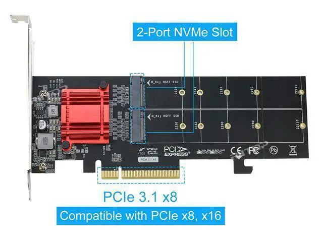 Alt view image 3 of 7 - Dual NVMe PCIe Adapter, RIITOP M.2 NVMe SSD to PCI-e 3.1 x8/x16 Card Support M.2 (M Key) NVMe SSD 22110/2280/2260/2242/2230