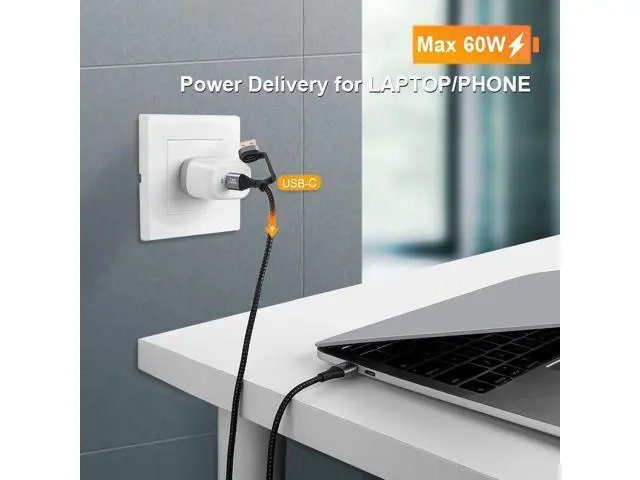 Alt view image 4 of 7 - 2 in 1 USB C Cable 4FT Braided USB2.0 C to C Cable 60W USB-A/C to C 3A Fast Charging Cable Data 480Mbps for MacBook iPad Mini iPad Pro Z Flip S21 S20 and Other USB C Devices Black 1.2m