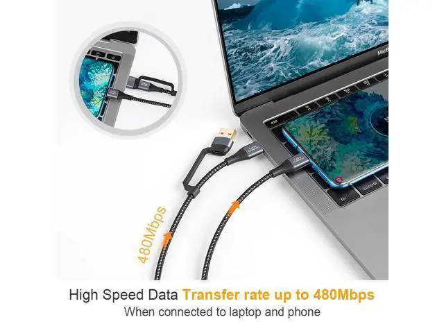 Alt view image 5 of 7 - 2 in 1 USB C Cable 4FT Braided USB2.0 C to C Cable 60W USB-A/C to C 3A Fast Charging Cable Data 480Mbps for MacBook iPad Mini iPad Pro Z Flip S21 S20 and Other USB C Devices Black 1.2m