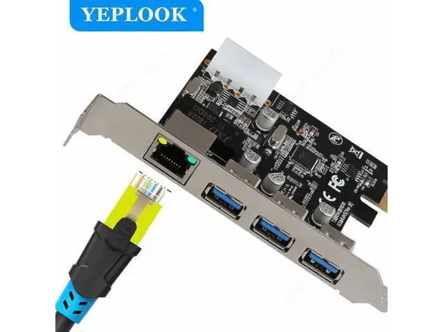 Alt view image 2 of 7 - PCIe 1X to 3 Ports USB3.0 + RJ45 1000Mbps LAN Gigabit Ethernet Network Card with 4Pin Power Supply Connector for Desktop PC