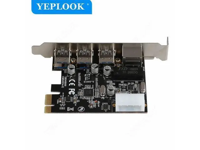 Alt view image 4 of 7 - PCIe 1X to 3 Ports USB3.0 + RJ45 1000Mbps LAN Gigabit Ethernet Network Card with 4Pin Power Supply Connector for Desktop PC