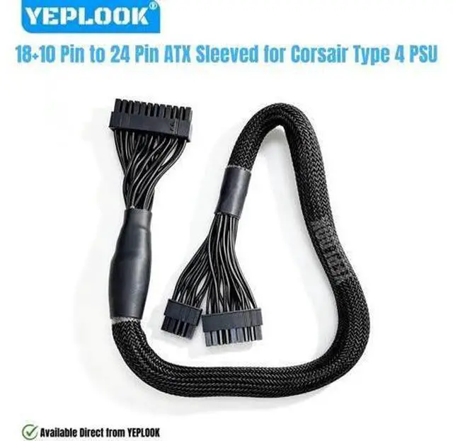 Main image of 18+10Pin to 24Pin ATX Sleeved Net Main Motherboard Power Cable for Corsair AX1600i, AX1000, AX850 Titanium Type 4 Modular Powers PSUs, 18AWG Sleeved Net 60CM / 23.62 inch / 1.97ft.