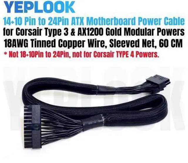 Main image of 14+10Pin to 20+4Pin 24Pin ATX Main Motherboard Power Cable for CORSAIR HX750i, HX850i, HX1000i, HX1200i HXi Type 3 Modular Power Supply Unit PSU, 18AWG 60CM
