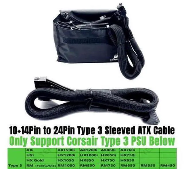 Alt view image 2 of 6 - 14+10Pin to 20+4Pin 24Pin ATX Main Motherboard Power Cable for CORSAIR HX750i, HX850i, HX1000i, HX1200i HXi Type 3 Modular Power Supply Unit PSU, 18AWG 60CM