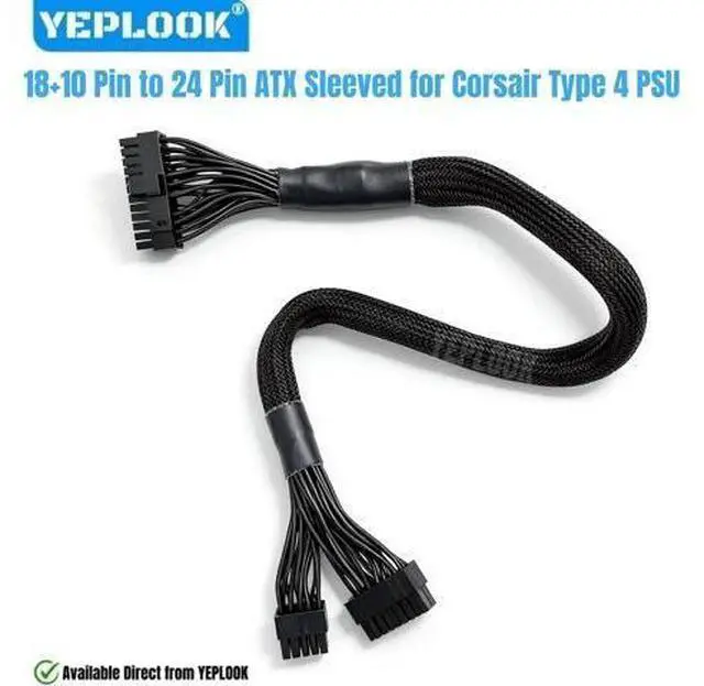 Main image of 18+10Pin to 24Pin Sleeved Motherboard Main Power Cable for Corsair RM1200e, RM1000e, RM850e, RM750e, RM650e Type 4 Modular Powers PSUs, 18AWG Sleeved Net 60CM / 23.62 inch / 1.97ft.