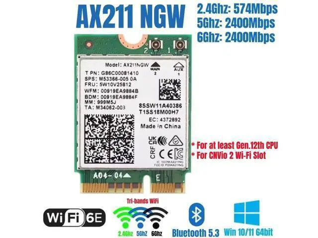 Alt view image 2 of 7 - WiFi 6E AX211NGW Tri-Band 2.4G/5G/6Ghz Wireless Network Wifi Card Adapter for Bluetooth 5.2 AX211 M.2 KeyE CNVio Windows11 with 1x Antenna & 1x Cable