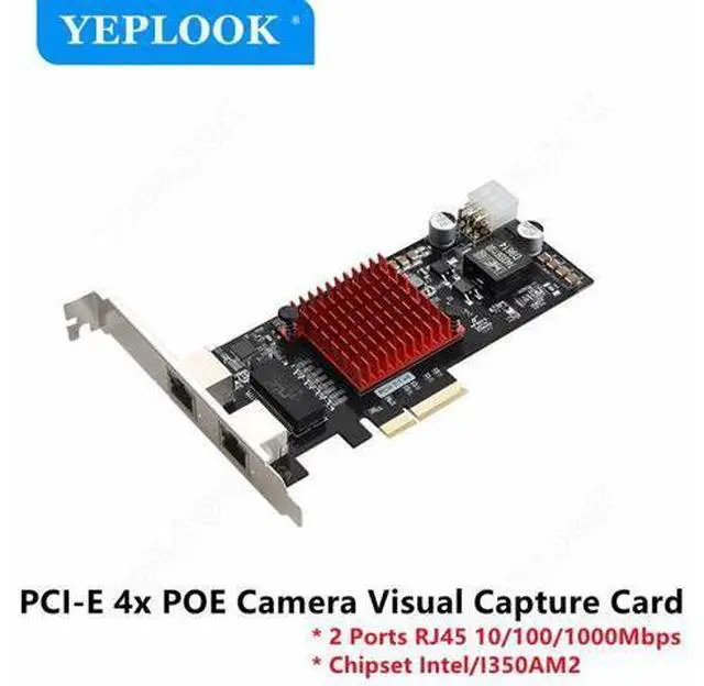Main image of PCI-E 4x to 2 Ports POE Camera Visual Capture Card 10/100/1000Mbps PCIe Gigabit Network Ethernet Converter Chipset Intel I350AM2