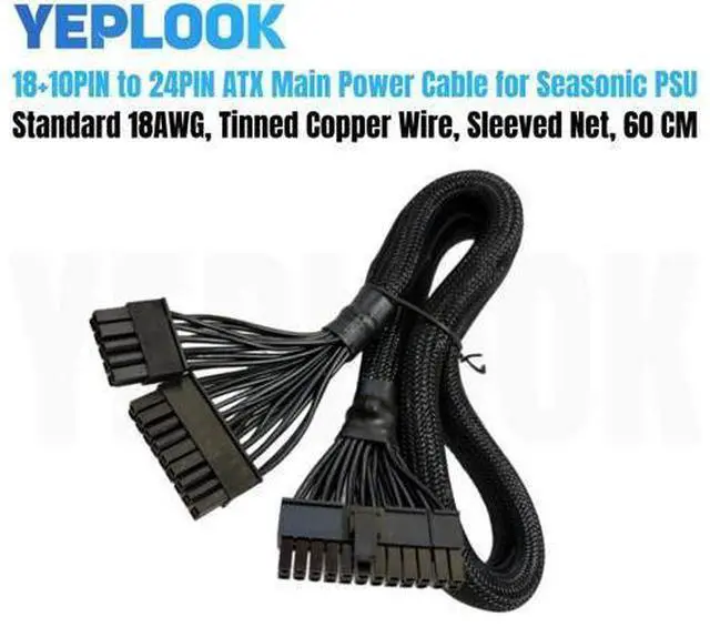 Main image of 18+10Pin to 20+4Pin 24Pin ATX Main Power Supply Cable for SEASONIC 1300W, 1200W, 1000W, 850W, 750W, 650W, 550W PRIME Gold GX Modular Power, Sleeved Net 60CM 18AWG
