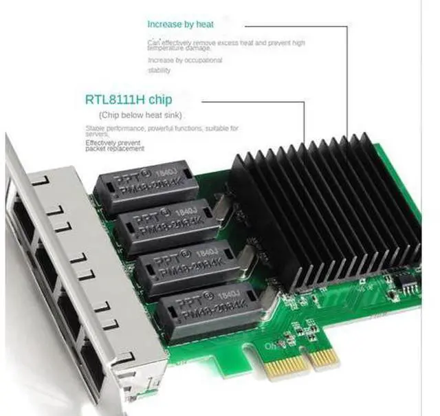 Alt view image 5 of 7 - PCIe X1 4 Port RJ45 Gigabit Ethernet Network Card 10/100/1000Mbps Server Desktop Game Adapter LAN Controller Chipset RTL8111H