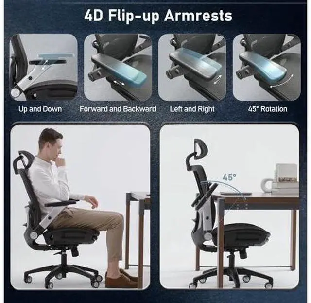 Alt view image 3 of 7 - Ergonomic Mesh Office Chair with Footrest, High Back Computer Executive Desk Chair with Headrest and 4D Flip-up Armrests, Adjustable Tilt Lock and Lumbar Support-Black