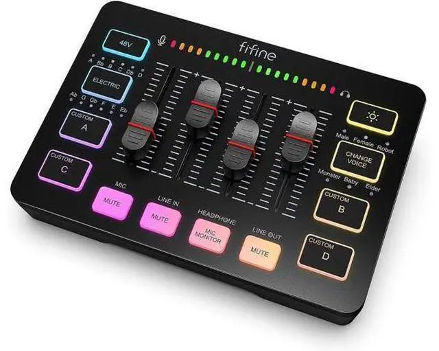 Main image of FIFINE Gaming Audio Mixer, Streaming RGB PC Mixer with XLR Microphone Interface, Individual Control, Volume Fader, Mute Button, 48V Phantom Power, for Podcast/Recording/Vocal/Game Voice-AmpliGame SC3