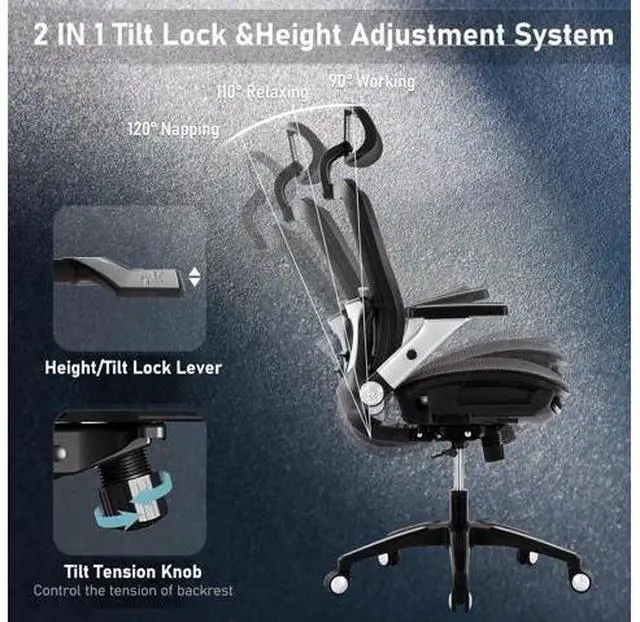 Alt view image 4 of 7 - Ergonomic Mesh Office Chair with Footrest, High Back Computer Executive Desk Chair with Headrest and 4D Flip-up Armrests, Adjustable Tilt Lock and Lumbar Support-Black