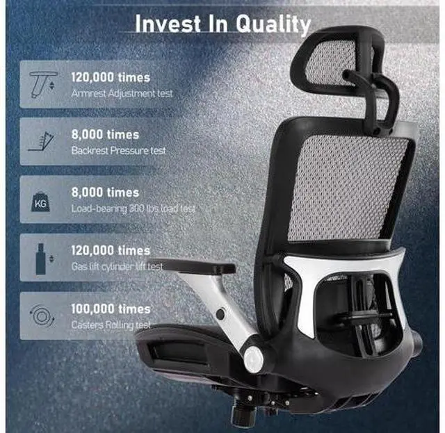 Alt view image 5 of 7 - Ergonomic Mesh Office Chair with Footrest, High Back Computer Executive Desk Chair with Headrest and 4D Flip-up Armrests, Adjustable Tilt Lock and Lumbar Support-Black