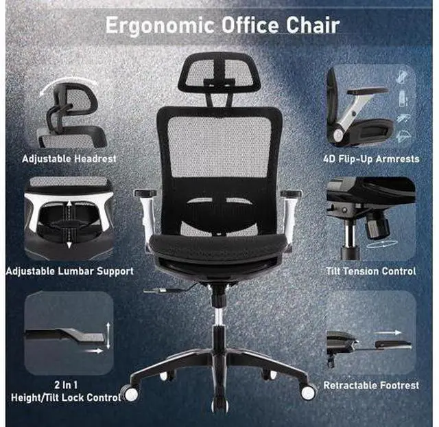 Alt view image 7 of 7 - Ergonomic Mesh Office Chair with Footrest, High Back Computer Executive Desk Chair with Headrest and 4D Flip-up Armrests, Adjustable Tilt Lock and Lumbar Support-Black