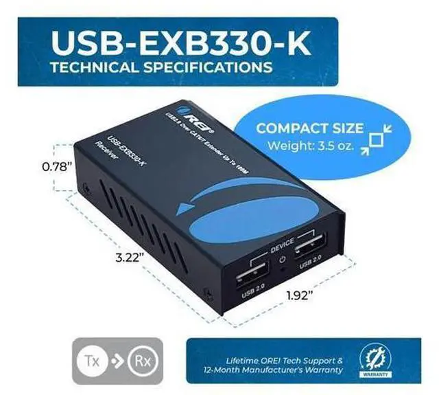 Alt view image 5 of 7 - OREI USB 2.0 Over Ethernet Cat5e/6 Extender LAN Upto 330 Feet - Extends 2 Ports USB-A Signal Over LAN Ethernet - Power Over Cable for Long Distance Extension Supports All Operating System