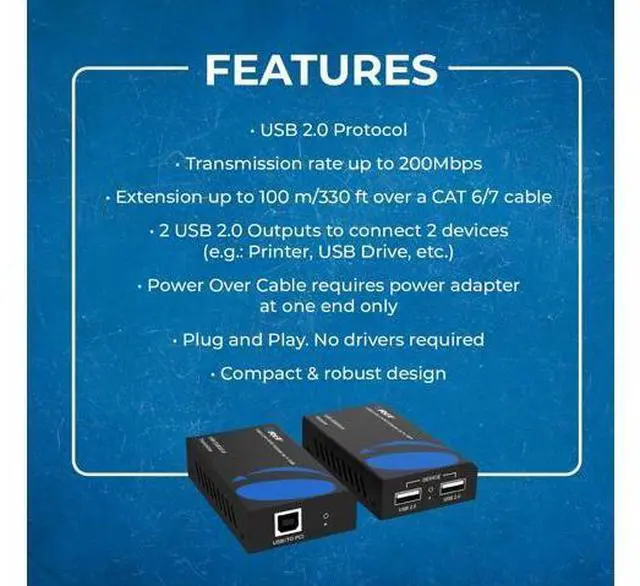 Alt view image 7 of 7 - OREI USB 2.0 Over Ethernet Cat5e/6 Extender LAN Upto 330 Feet - Extends 2 Ports USB-A Signal Over LAN Ethernet - Power Over Cable for Long Distance Extension Supports All Operating System