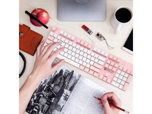 Alt view image 4 of 5 - Mechanical Gaming Keyboard Full Size 104 Keys US Layout Wired Brown Switch Backlit Keyboard with with Pink & White Color