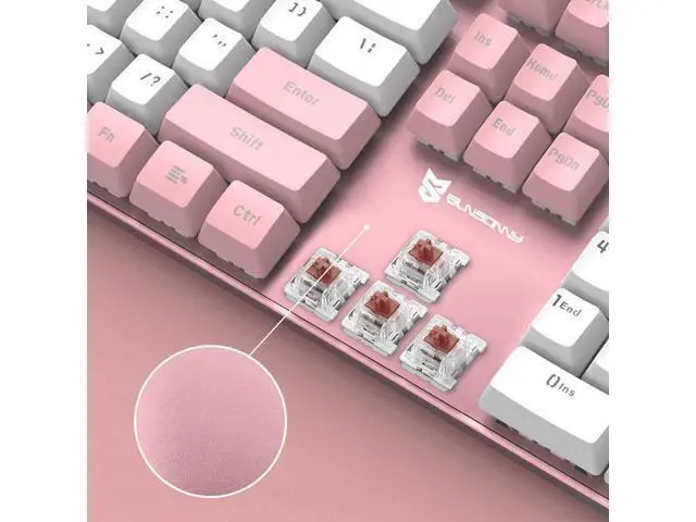 Alt view image 5 of 5 - Mechanical Gaming Keyboard Full Size 104 Keys US Layout Wired Brown Switch Backlit Keyboard with with Pink & White Color