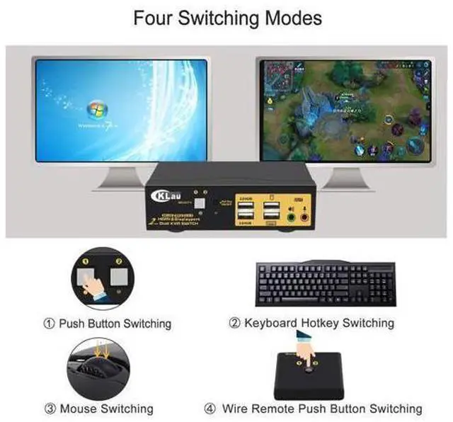 Alt view image 5 of 7 - CKLau Dual Monitors HDMI Displayport KVM Switches 2 Port 4K@60Hz HDMI + Displayport Dual Monitor KVM Switch with Audio, USB 2.0 Hub and Cables Support HDMI 2.0, HDCP 2.2, HDR 10