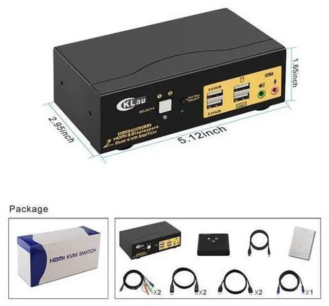 Alt view image 7 of 7 - CKLau Dual Monitors HDMI Displayport KVM Switches 2 Port 4K@60Hz HDMI + Displayport Dual Monitor KVM Switch with Audio, USB 2.0 Hub and Cables Support HDMI 2.0, HDCP 2.2, HDR 10