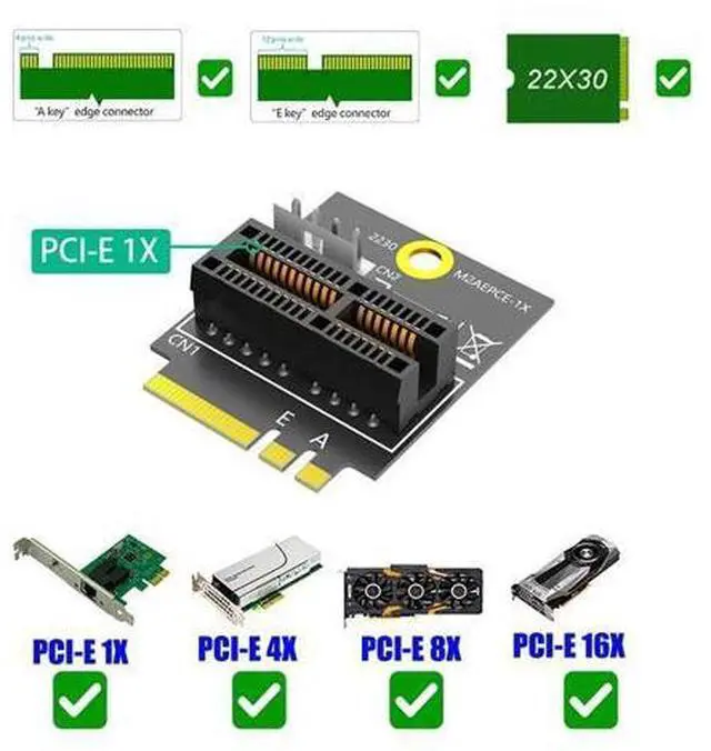 Alt view image 4 of 6 - 2230 M.2 Key A+E to PCIE X1 Adapter Card PCI Express PCI-E 1X Slot to M2 NGFF Key A/A+E/E Converter Riser Card 4Pin Power Supply