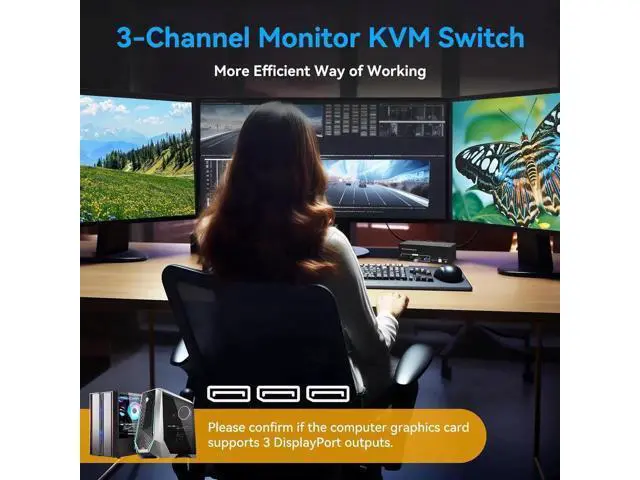 Alt view image 3 of 7 - USB 3.0 Displayport KVM Switch Triple Monitor, 8K@60Hz 2K@120Hz USB DP Extended Display Switcher for 2 Computers 3 Monitors and 4 USB 3.0 Ports, EDID Support Extended & Duplicate Mode