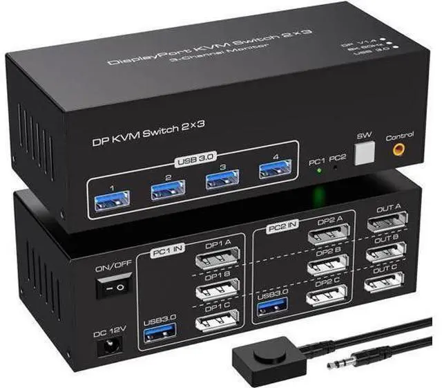 Main image of USB 3.0 Displayport KVM Switch Triple Monitor, 8K@60Hz 2K@120Hz USB DP Extended Display Switcher for 2 Computers 3 Monitors and 4 USB 3.0 Ports, EDID Support Extended & Duplicate Mode